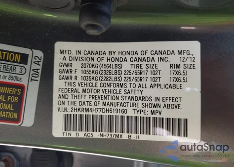 2013 Honda Cr-V Ex-L z USA, uszkodzony, nr VIN 2HKRM4H77DH619160